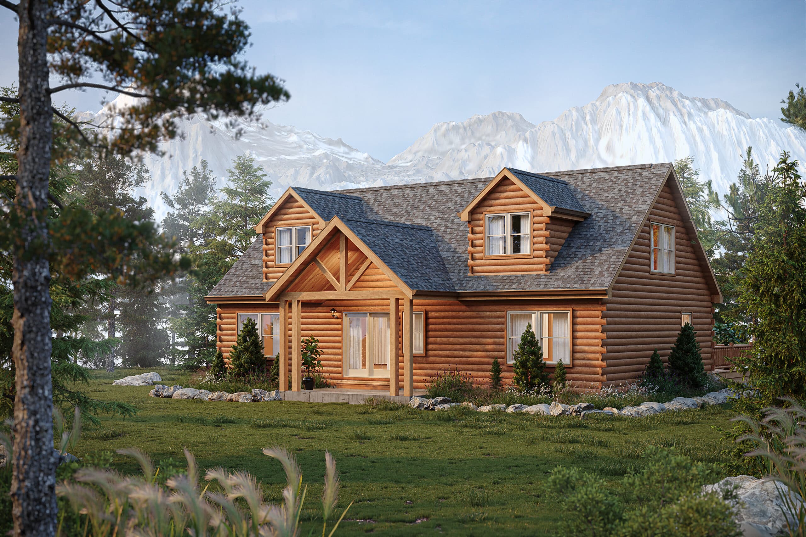 Upscale log home in a forested Pacific Northwest mountain setting